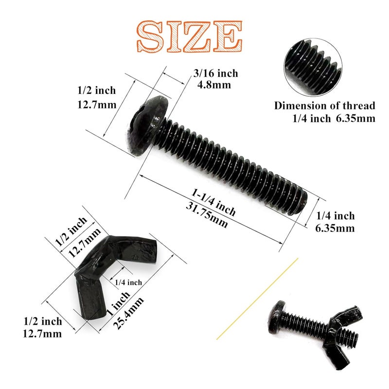 Matrelt 20 Pack Black 1/4"-20 x1-1/4 Screw Bolts and Wing Nut Kit 10pcs Machine Screws with Round Head Phillips 10pcs Butterfly Hand Twist Tighten Nut Zinc Plated Hardware Fitting Fastenings Assortment Kit - Image 2